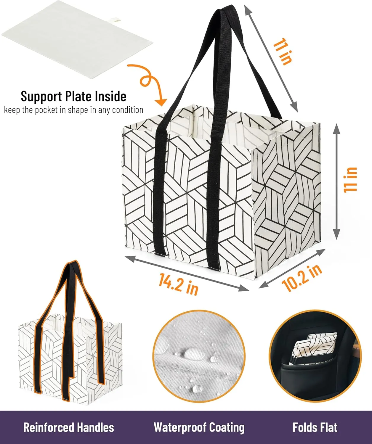2 Pack Reusable Grocery Bags, Foldable Shopping Basket, Daily Utility Storage, Reinforced Bottom Handles Waterproof, White