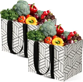 2 Pack Reusable Grocery Bags, Foldable Shopping Basket, Daily Utility Storage, Reinforced Bottom Handles Waterproof, White