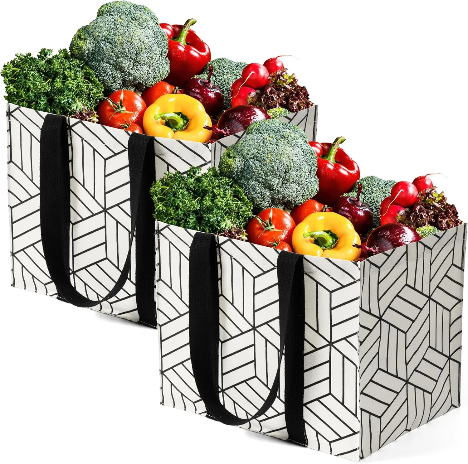 2 Pack Reusable Grocery Bags, Foldable Shopping Basket, Daily Utility Storage, Reinforced Bottom Handles Waterproof, White