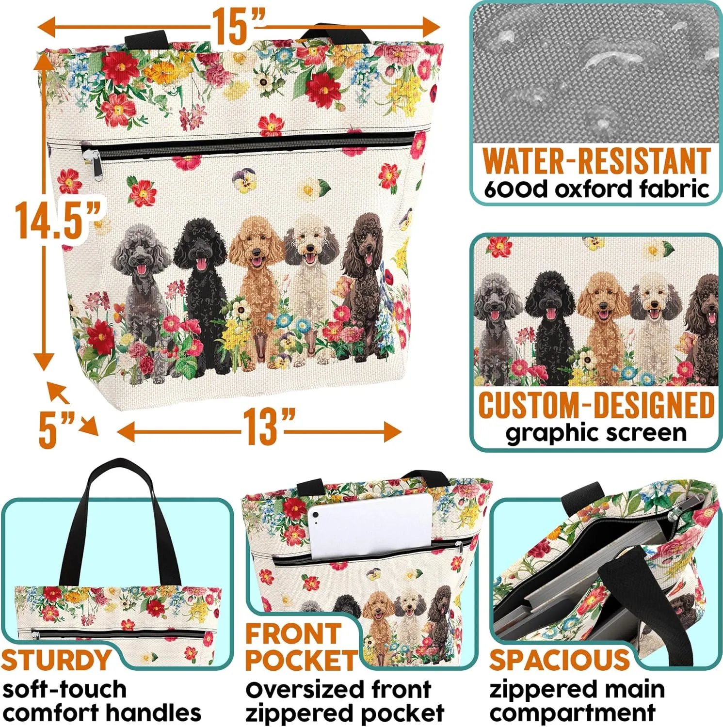84hoods Large Tote Bag for Women. Aesthetic Bag Gift for Poodle Lovers and Owners. Waterproof Bag with Pockets and Zipper.