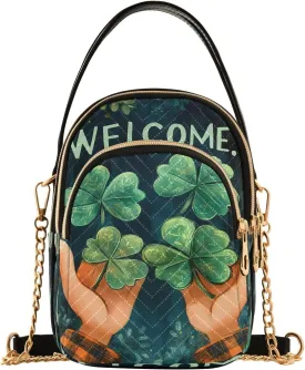 ALAZA Chain Crossbody Bags for Women Welcome Four Leaf Clover Leaves Quilted Shoulder Crossbody Handbags Travel Cross Body Cell Phone Purses Bags