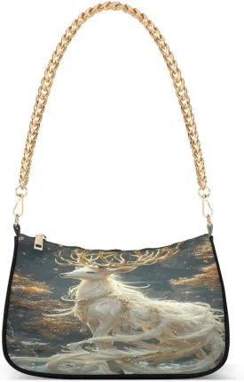 ALAZA Magic Deer Tree Moon Chian Shoulder Bag Handbags Tote Mini Clutch Purse Hobo Bag with Zipper Closure for Women