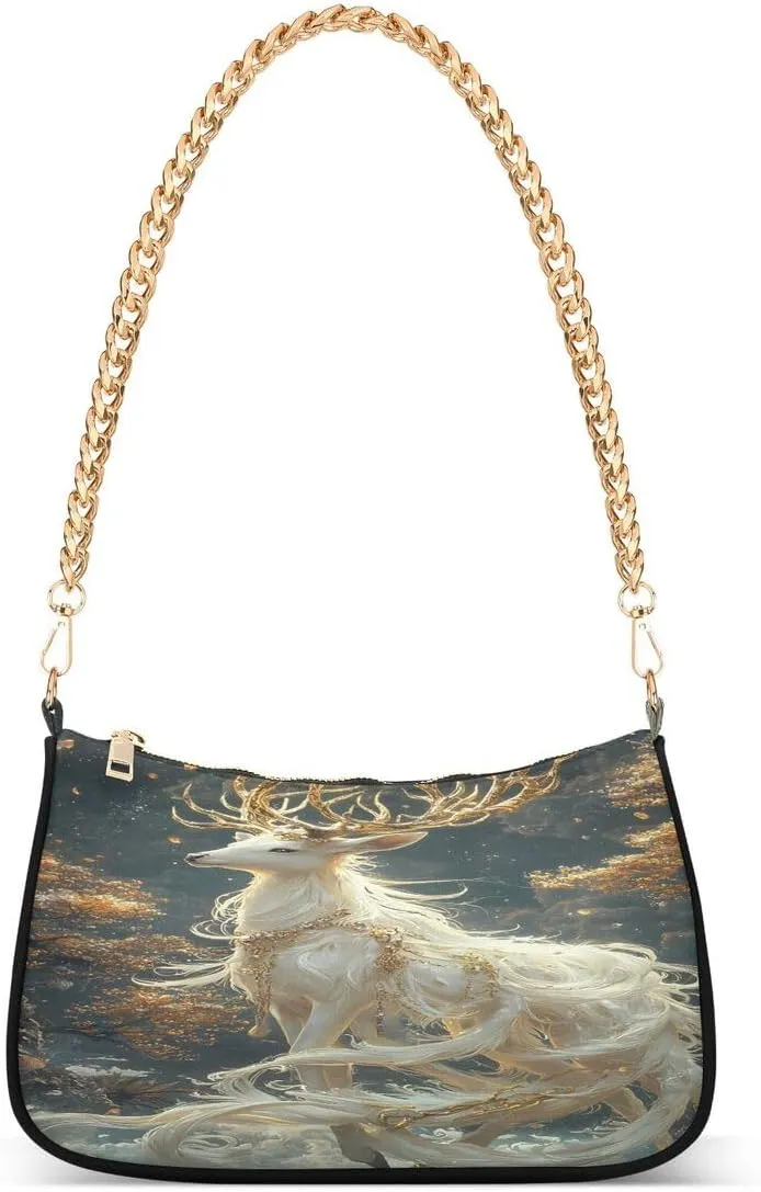 ALAZA Magic Deer Tree Moon Chian Shoulder Bag Handbags Tote Mini Clutch Purse Hobo Bag with Zipper Closure for Women