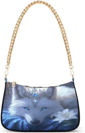 ALAZA White Wolf with Crown Blossom Chian Shoulder Bag Handbags Tote Mini Clutch Purse Hobo Bag with Zipper Closure for Women