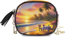 Beach Sunset Table Crossbody Bags for Women Small Purses Crossbody Bag Purse Leather Handbags with Detachable Chain Clutch Purses Cell Phone Purse Evening Bag