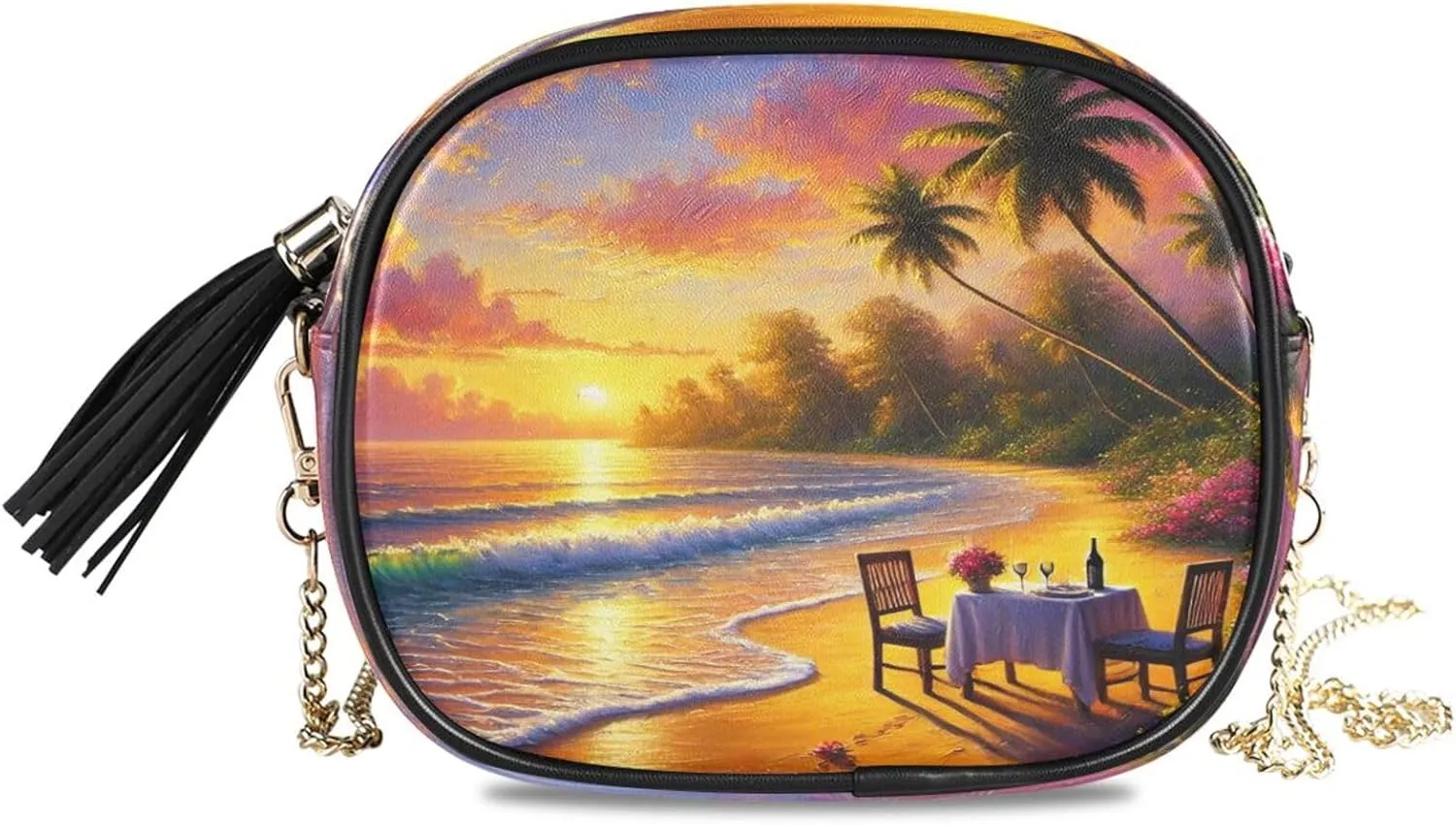 Beach Sunset Table Crossbody Bags for Women Small Purses Crossbody Bag Purse Leather Handbags with Detachable Chain Clutch Purses Cell Phone Purse Evening Bag