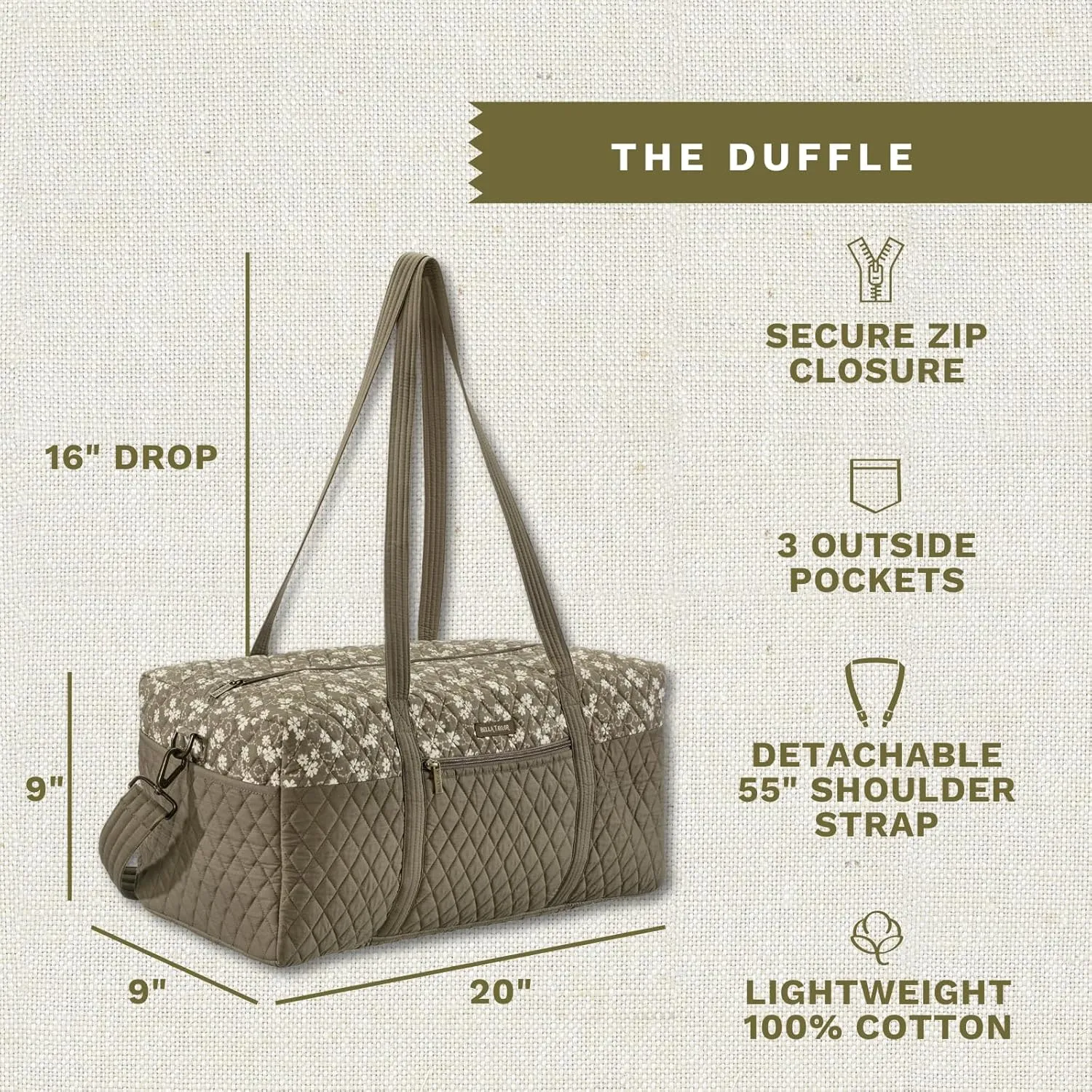 Bella Taylor Quilted Cotton Duffel Bag |Large Carry On Travel and Weekender Bag For Women| Woodland Floral