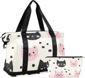Cute Animal Cat Black Peach Cream Overnight Travel Duffel Bag Carry On Shoulder Weekend Tote with Toiletry Bag for Airplane Traveling Multifunctional