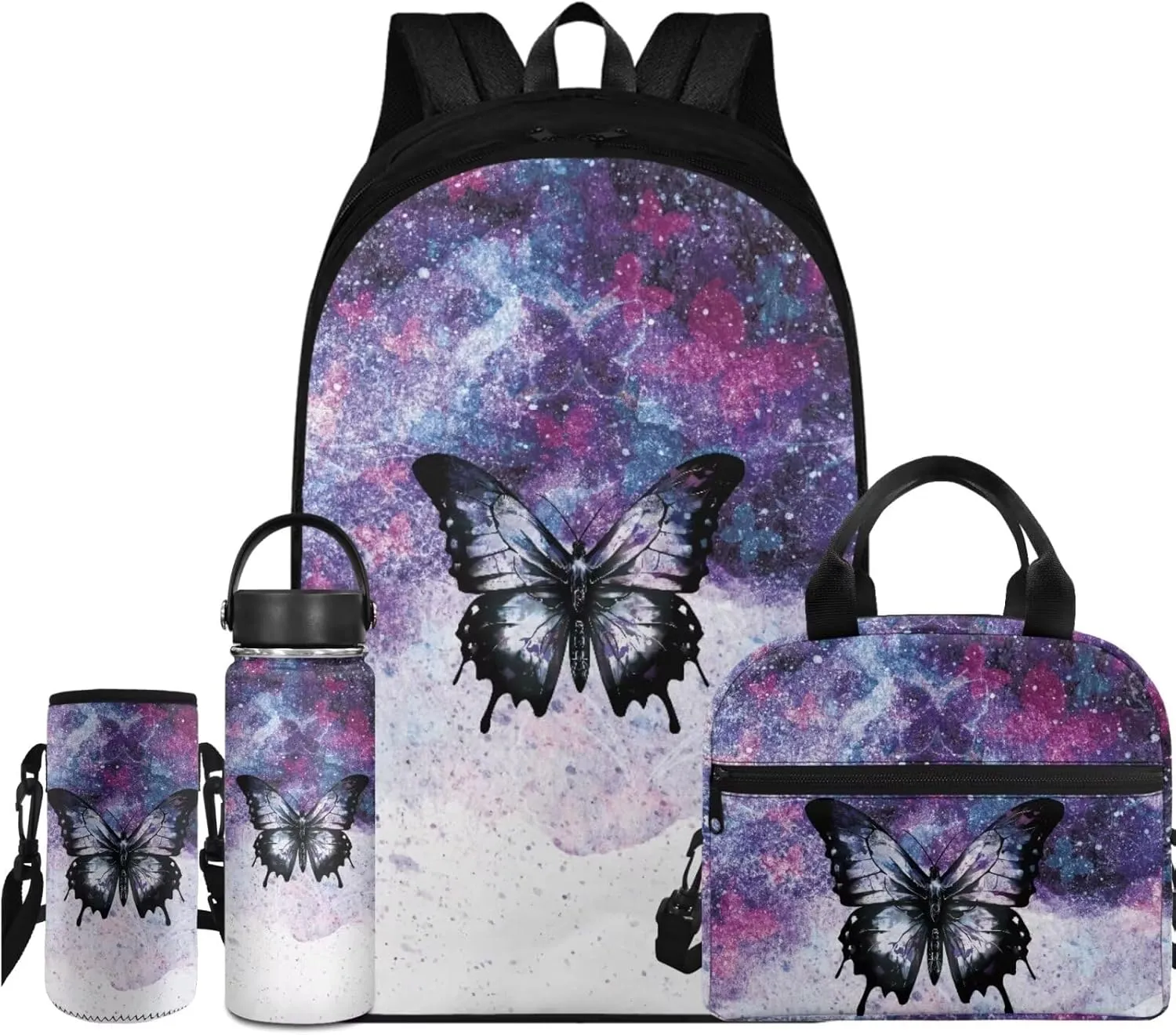 Flashideas Butterfly School Backpack Set 4Pcs with Lunch Box Insulated Water Bottle Water Bottle Holder with Strap Girls Backpacks Ages 6-18 Sports Bookbag Back Pack