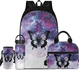 Flashideas Butterfly School Backpack Set 4Pcs with Lunch Box Insulated Water Bottle Water Bottle Holder with Strap Girls Backpacks Ages 6-18 Sports Bookbag Back Pack