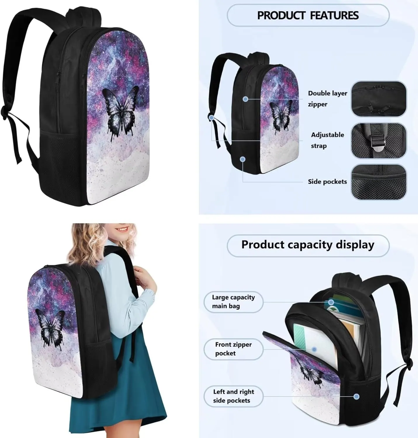 Flashideas Butterfly School Backpack Set 4Pcs with Lunch Box Insulated Water Bottle Water Bottle Holder with Strap Girls Backpacks Ages 6-18 Sports Bookbag Back Pack