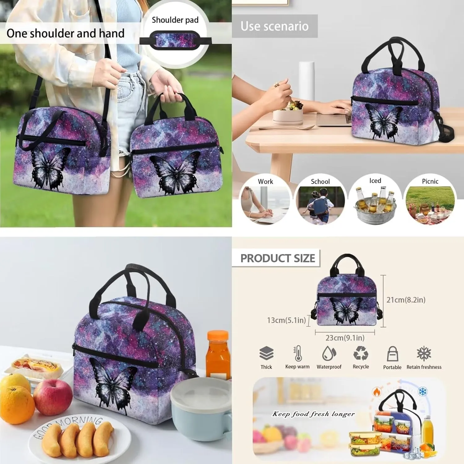 Flashideas Butterfly School Backpack Set 4Pcs with Lunch Box Insulated Water Bottle Water Bottle Holder with Strap Girls Backpacks Ages 6-18 Sports Bookbag Back Pack