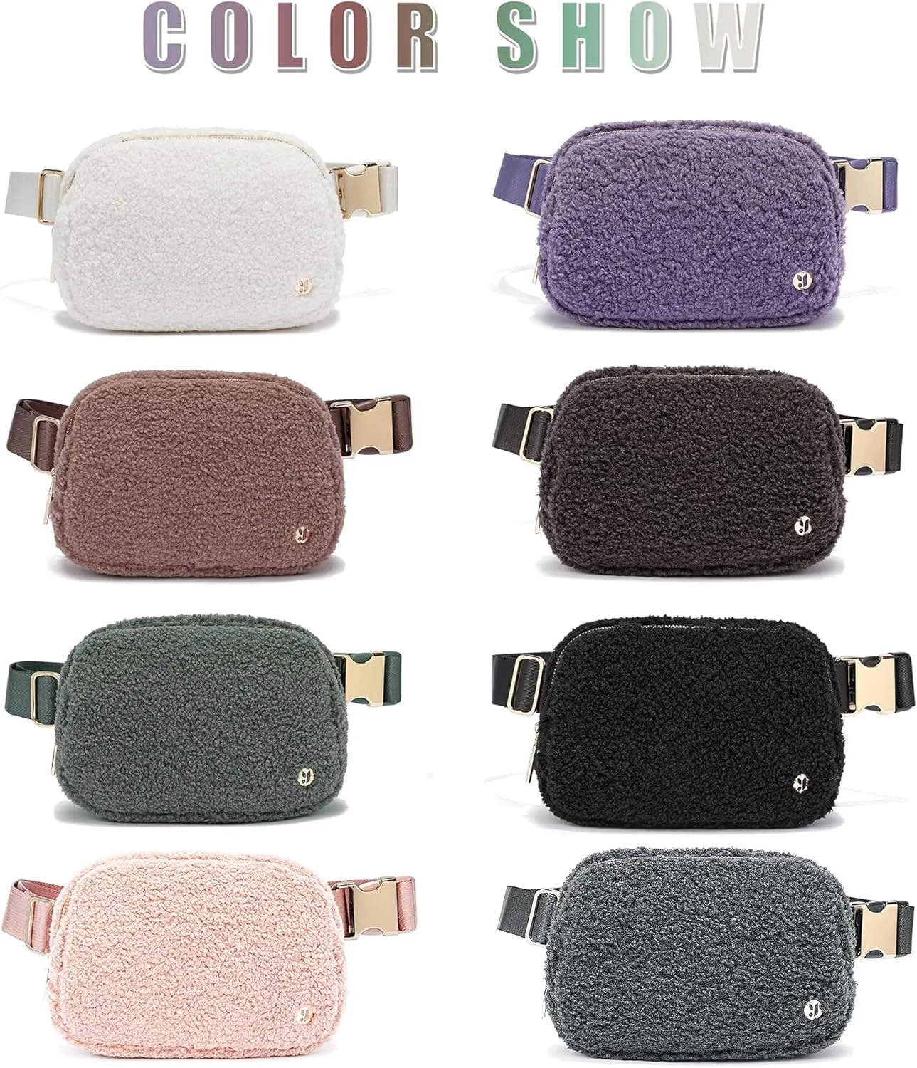 FODOKO Sherpa Belt Bag, Fleece Crossbody Bag Fanny Pack for Women Fashionable Everywhere Waist Bum Bag Pack with Hardware Buckle Black Gold