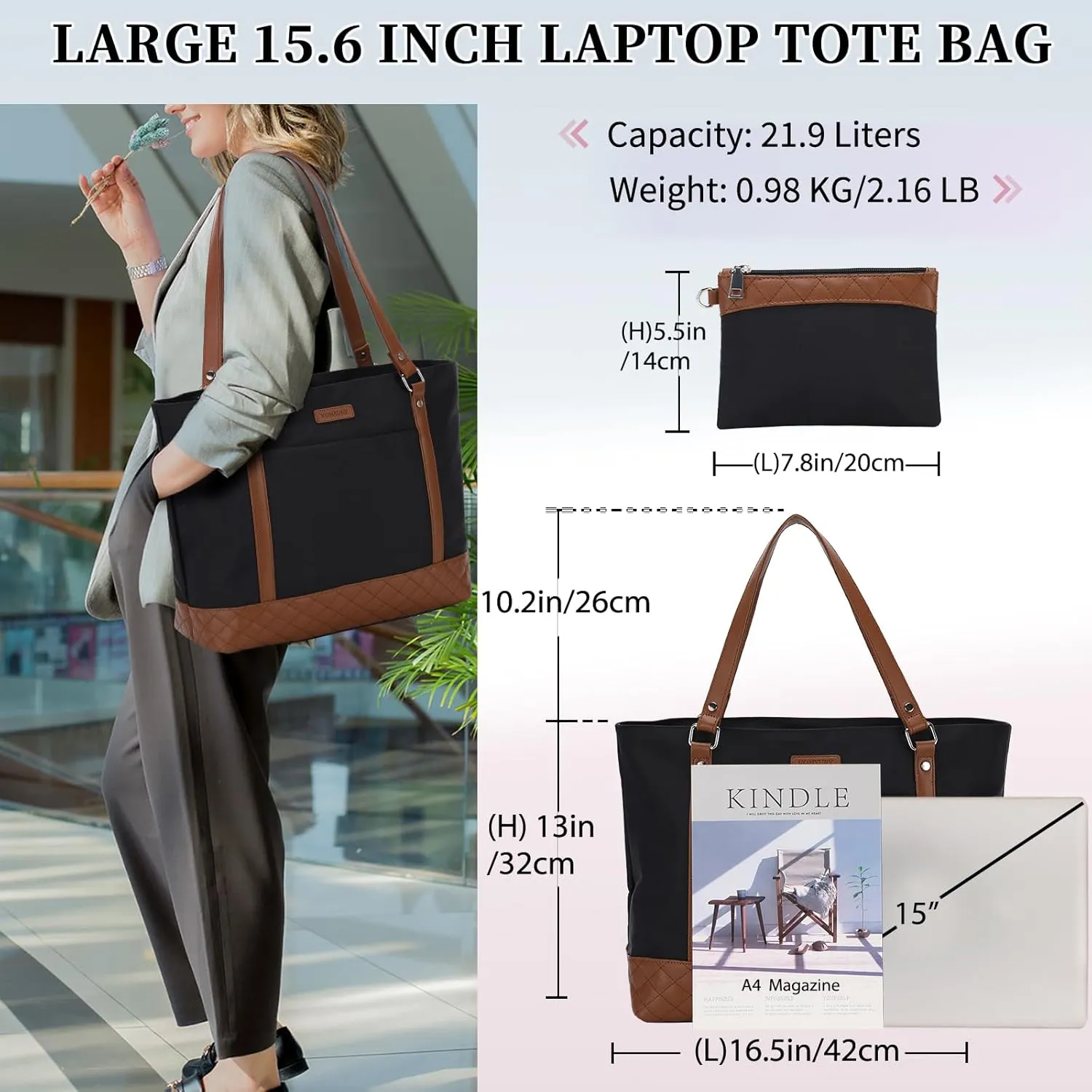 Laptop Tote Bag for Women, 15.6 Inch Computer Shoulder Bag Teacher Work Bag Travel Purse with Small Pouch VONXURY