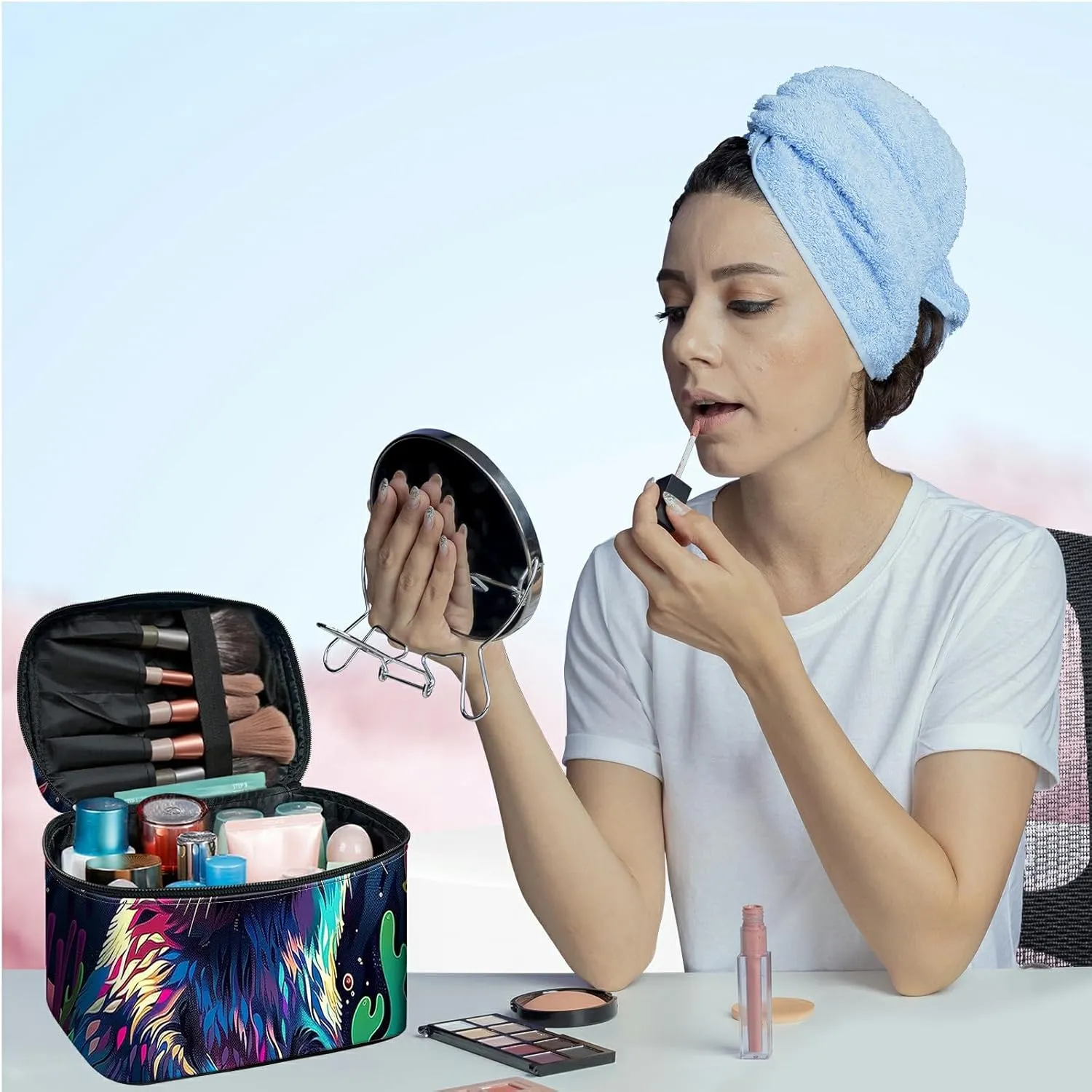Large Capacity Makeup Bag with Brush Slot, Bank Beaver Travel Portable Cosmetic Bag with Handle and Zipper, Women's Toiletry Storage Pouch Washable Waterproof Makeup Organizer Bag