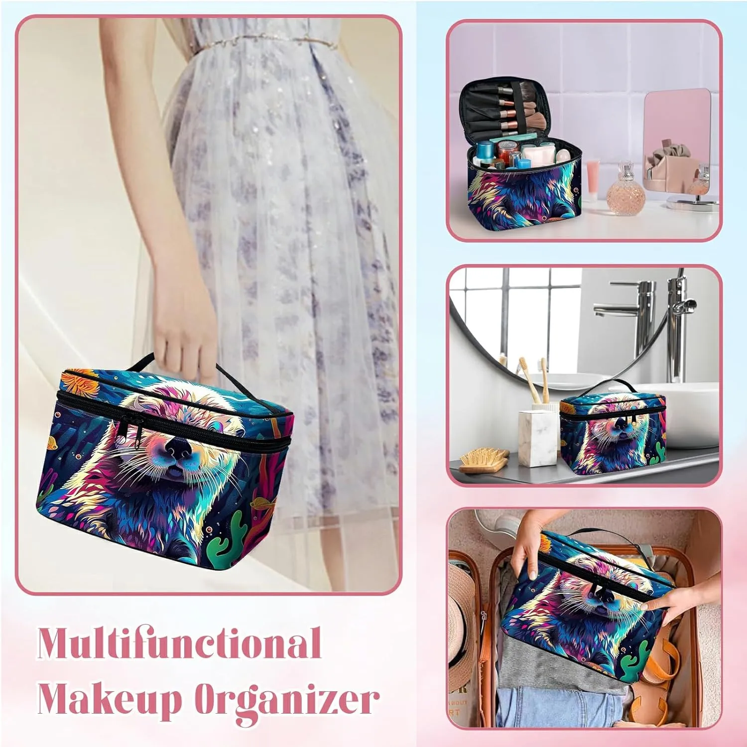 Large Capacity Makeup Bag with Brush Slot, Bank Beaver Travel Portable Cosmetic Bag with Handle and Zipper, Women's Toiletry Storage Pouch Washable Waterproof Makeup Organizer Bag