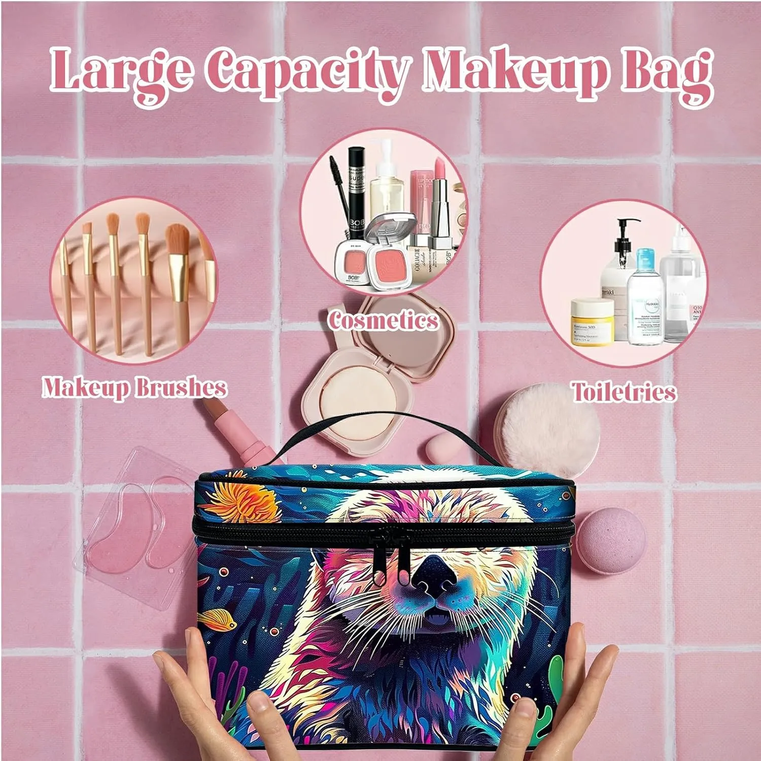 Large Capacity Makeup Bag with Brush Slot, Bank Beaver Travel Portable Cosmetic Bag with Handle and Zipper, Women's Toiletry Storage Pouch Washable Waterproof Makeup Organizer Bag