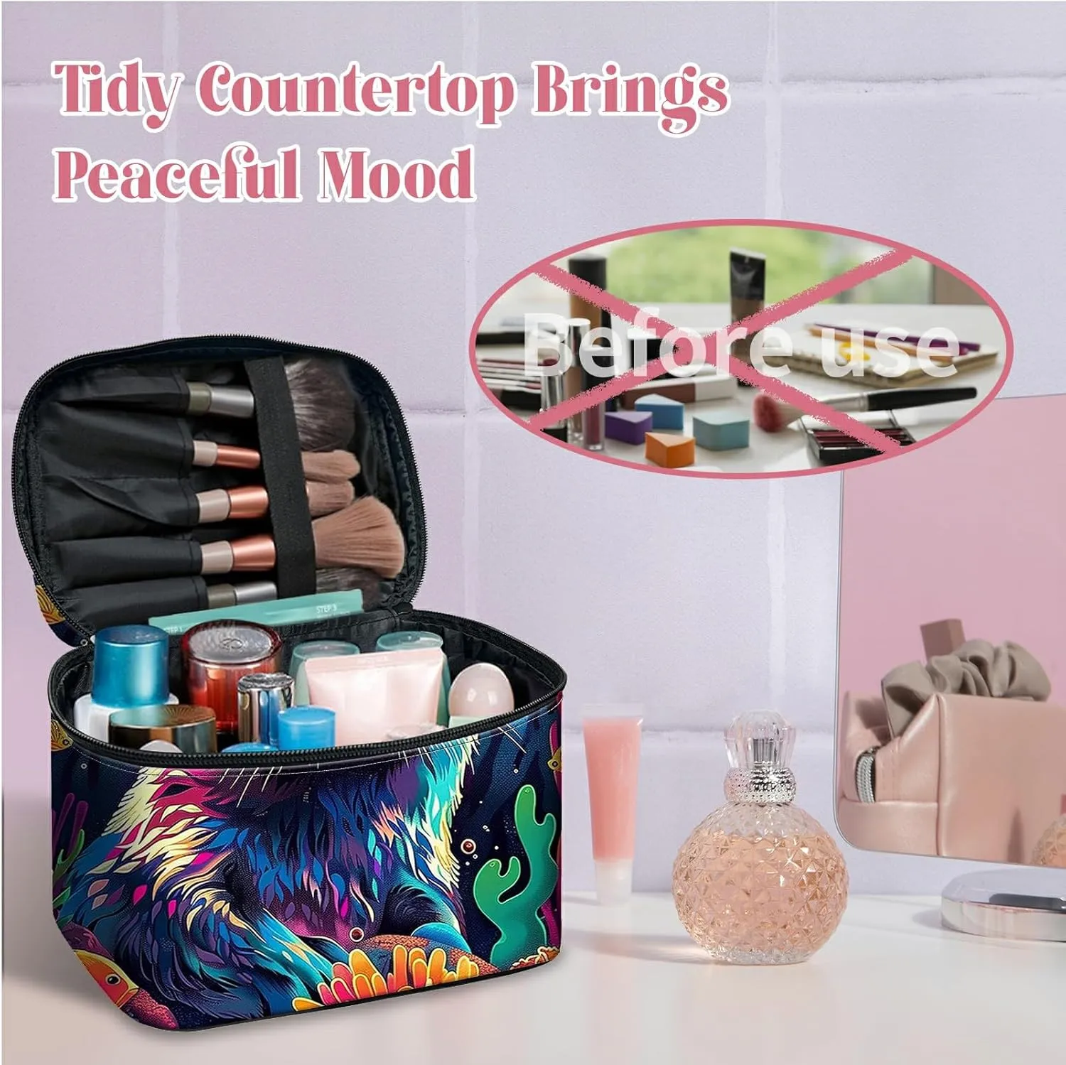 Large Capacity Makeup Bag with Brush Slot, Bank Beaver Travel Portable Cosmetic Bag with Handle and Zipper, Women's Toiletry Storage Pouch Washable Waterproof Makeup Organizer Bag