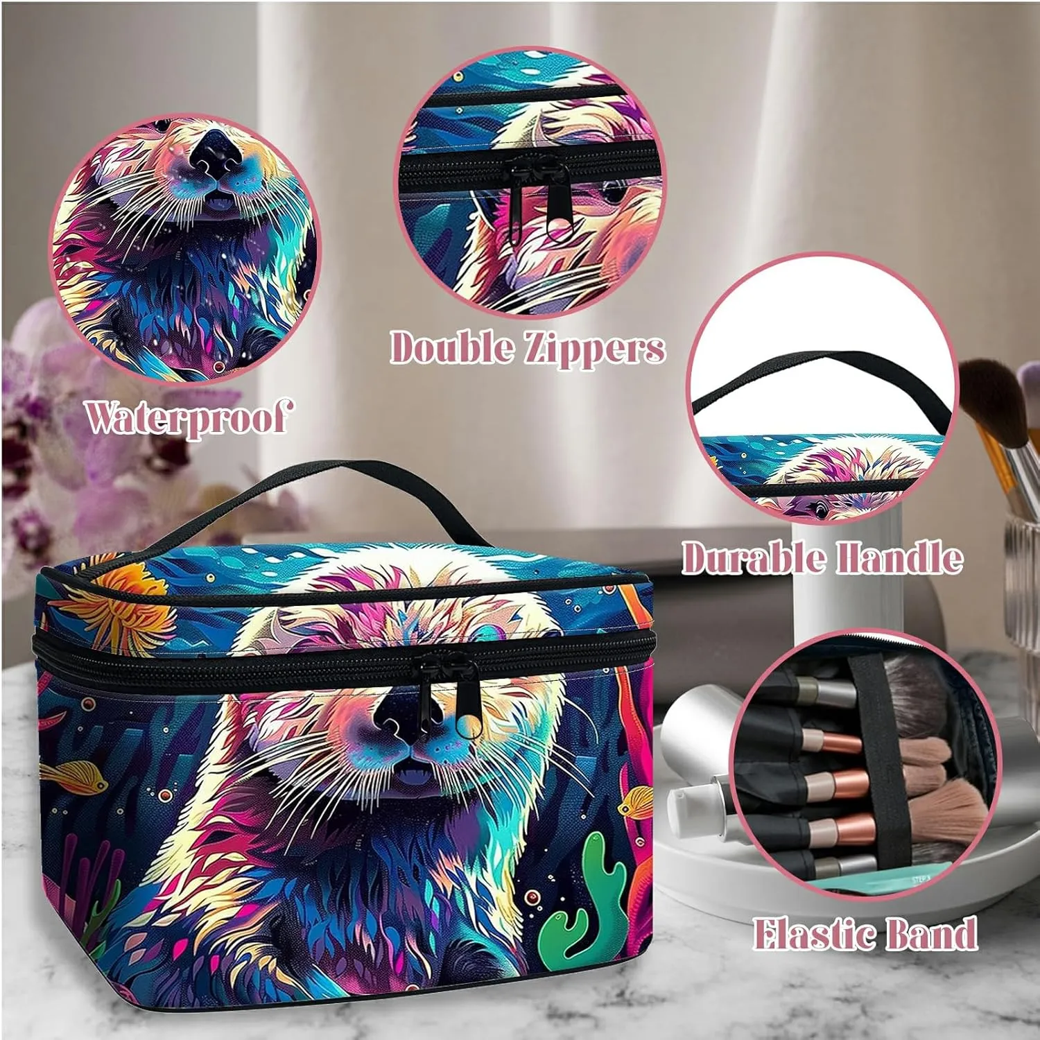 Large Capacity Makeup Bag with Brush Slot, Bank Beaver Travel Portable Cosmetic Bag with Handle and Zipper, Women's Toiletry Storage Pouch Washable Waterproof Makeup Organizer Bag