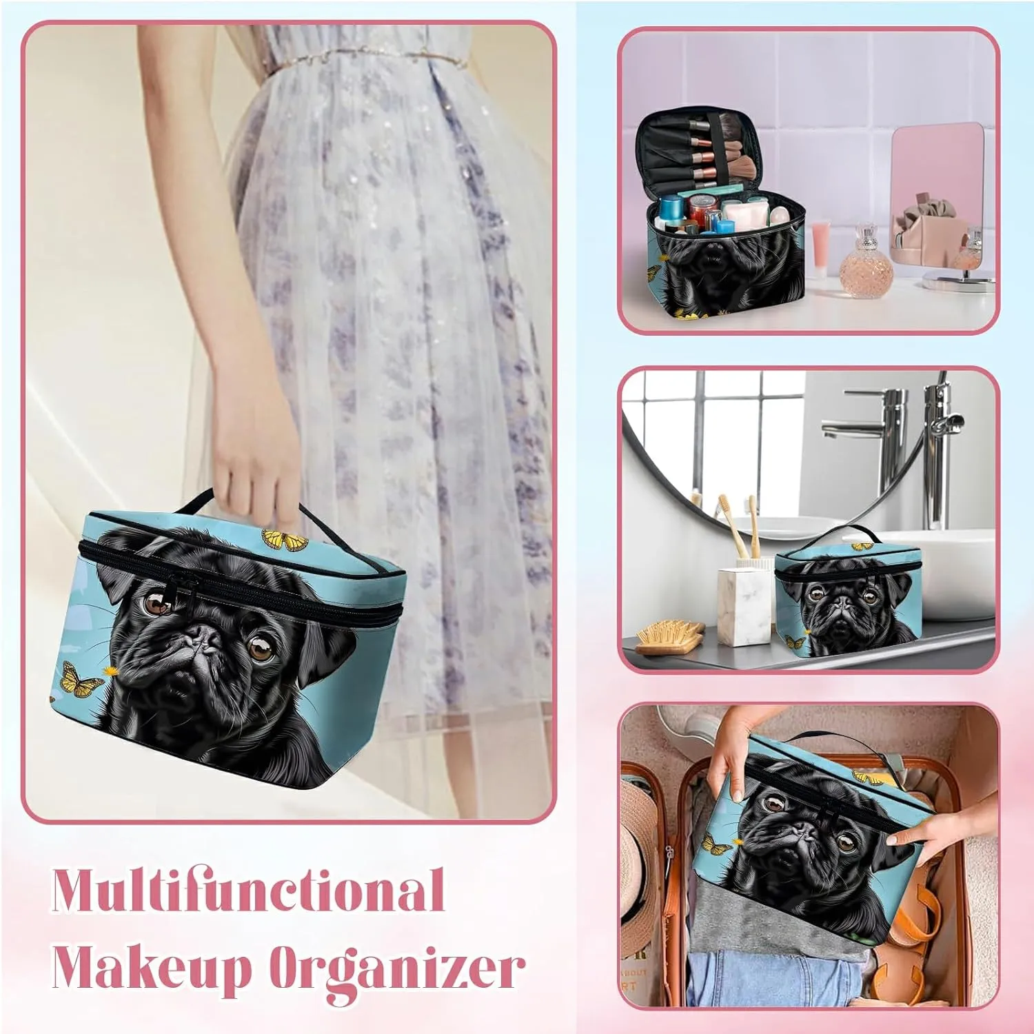 Large Capacity Makeup Bag with Brush Slot, Black Dog Sunflower Travel Portable Cosmetic Bag with Handle and Zipper, Women's Toiletry Storage Pouch Washable Waterproof Makeup Organizer Bag