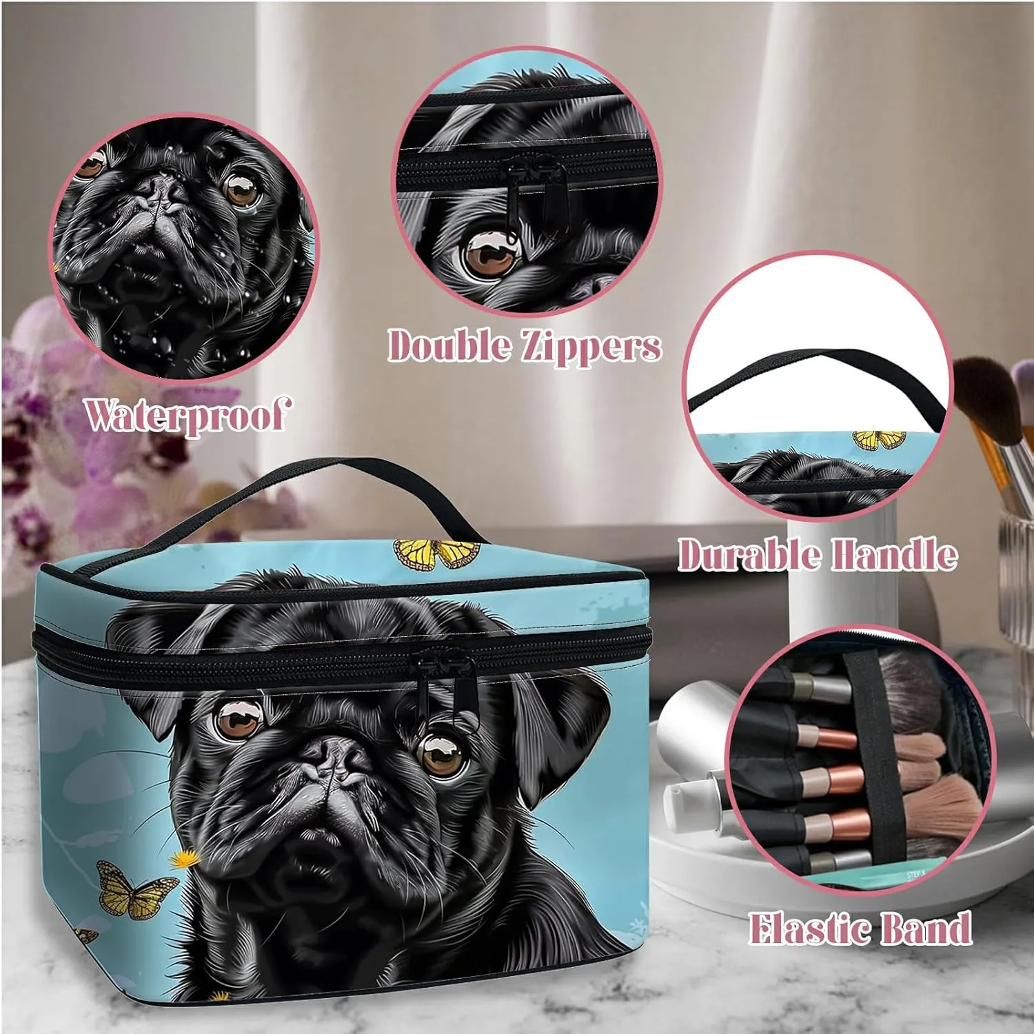 Large Capacity Makeup Bag with Brush Slot, Black Dog Sunflower Travel Portable Cosmetic Bag with Handle and Zipper, Women's Toiletry Storage Pouch Washable Waterproof Makeup Organizer Bag
