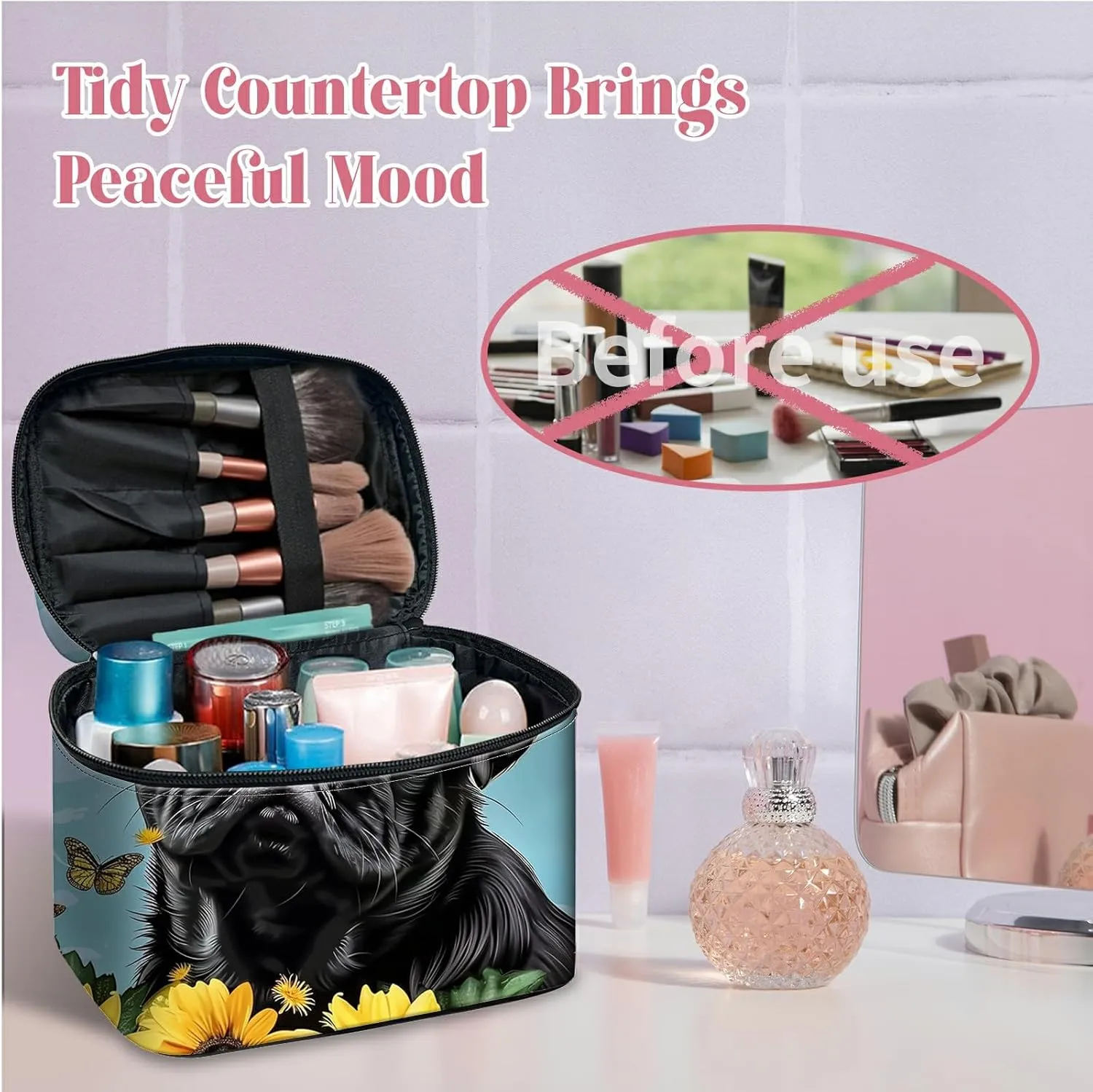 Large Capacity Makeup Bag with Brush Slot, Black Dog Sunflower Travel Portable Cosmetic Bag with Handle and Zipper, Women's Toiletry Storage Pouch Washable Waterproof Makeup Organizer Bag