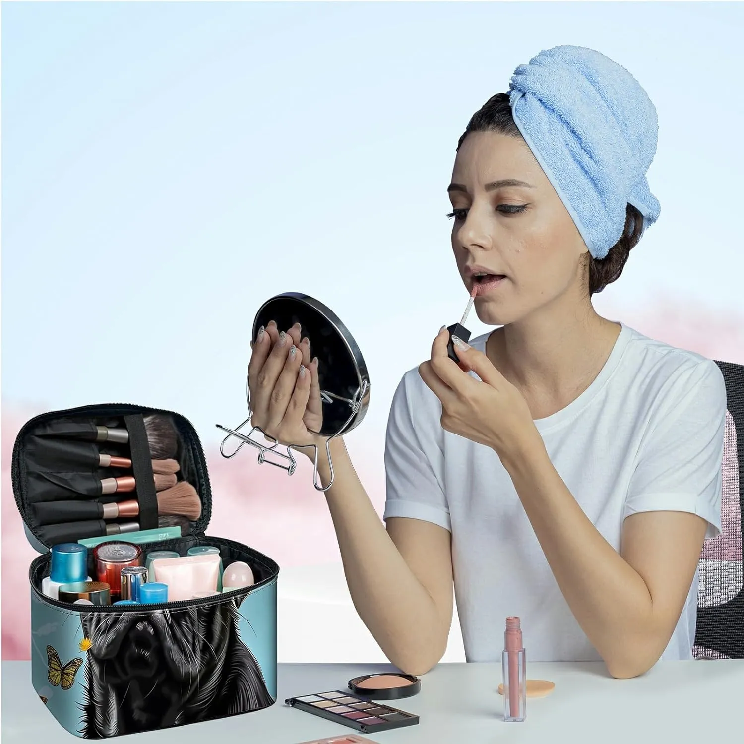 Large Capacity Makeup Bag with Brush Slot, Black Dog Sunflower Travel Portable Cosmetic Bag with Handle and Zipper, Women's Toiletry Storage Pouch Washable Waterproof Makeup Organizer Bag