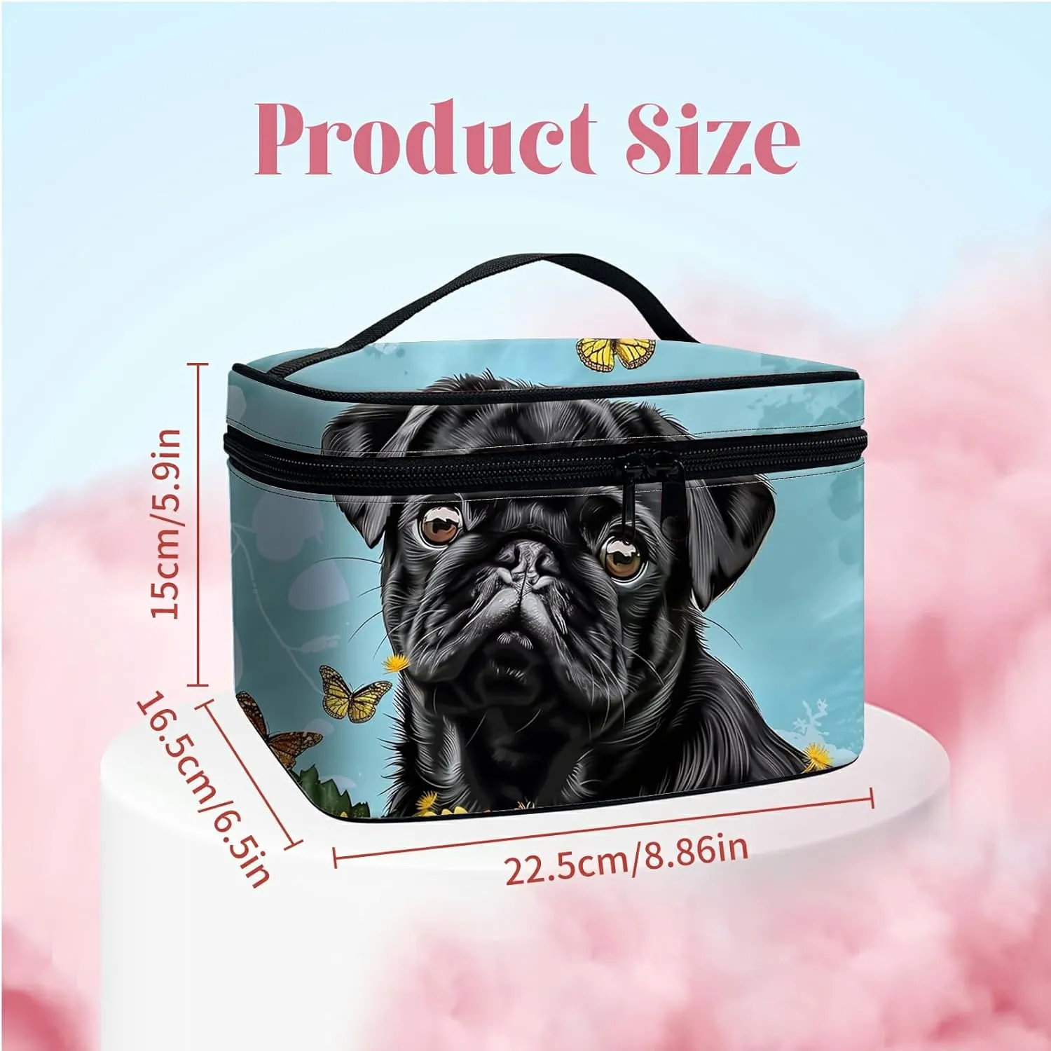 Large Capacity Makeup Bag with Brush Slot, Black Dog Sunflower Travel Portable Cosmetic Bag with Handle and Zipper, Women's Toiletry Storage Pouch Washable Waterproof Makeup Organizer Bag