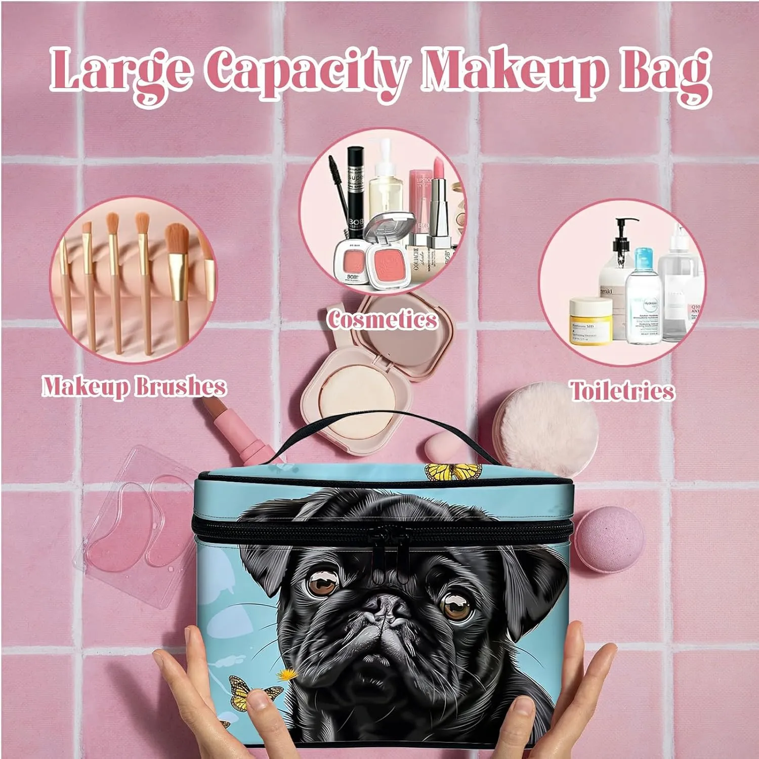 Large Capacity Makeup Bag with Brush Slot, Black Dog Sunflower Travel Portable Cosmetic Bag with Handle and Zipper, Women's Toiletry Storage Pouch Washable Waterproof Makeup Organizer Bag