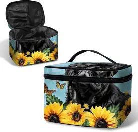 Large Capacity Makeup Bag with Brush Slot, Black Dog Sunflower Travel Portable Cosmetic Bag with Handle and Zipper, Women's Toiletry Storage Pouch Washable Waterproof Makeup Organizer Bag