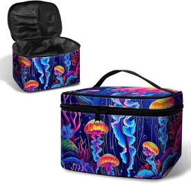Large Capacity Makeup Bag with Brush Slot, Neon Jellyfish Travel Portable Cosmetic Bag with Handle and Zipper, Women's Toiletry Storage Pouch Washable Waterproof Makeup Organizer Bag