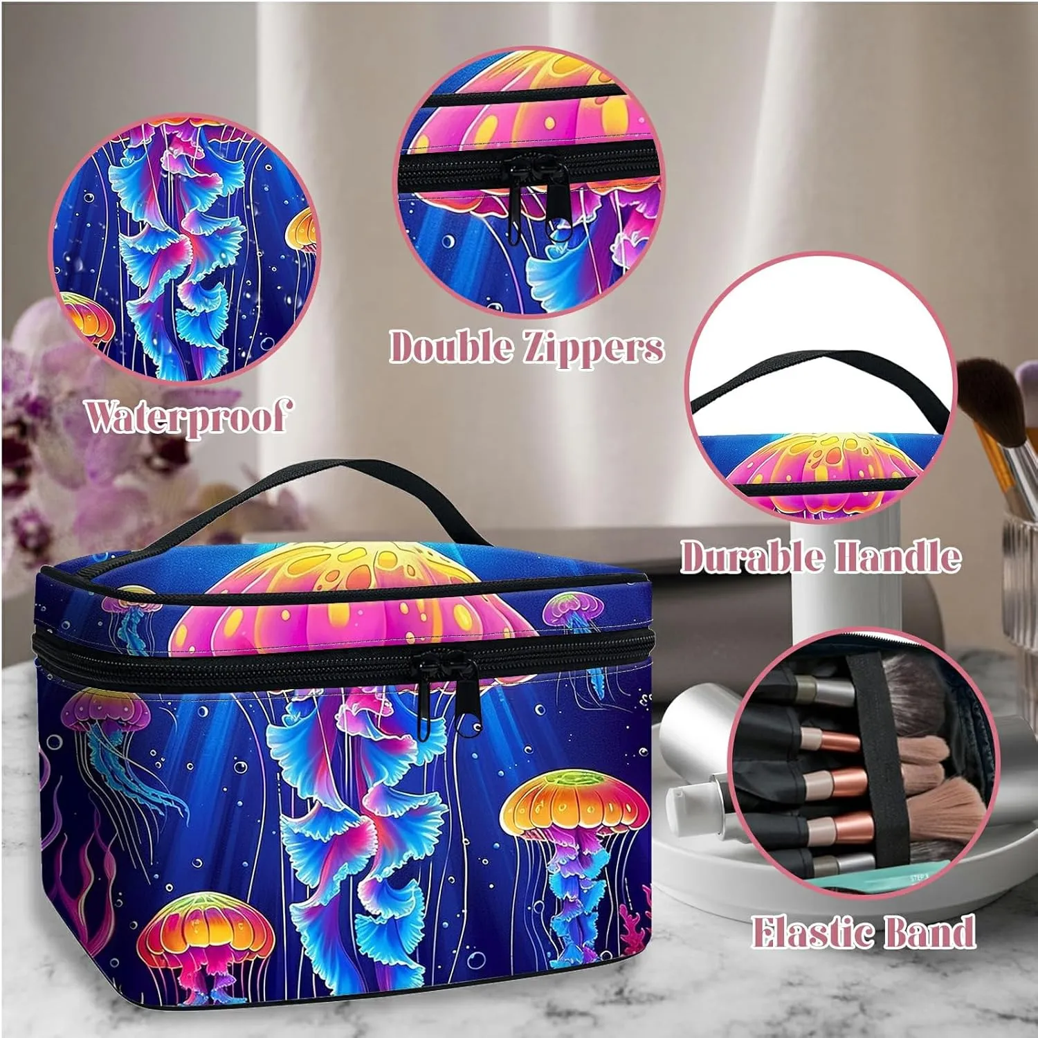 Large Capacity Makeup Bag with Brush Slot, Neon Jellyfish Travel Portable Cosmetic Bag with Handle and Zipper, Women's Toiletry Storage Pouch Washable Waterproof Makeup Organizer Bag