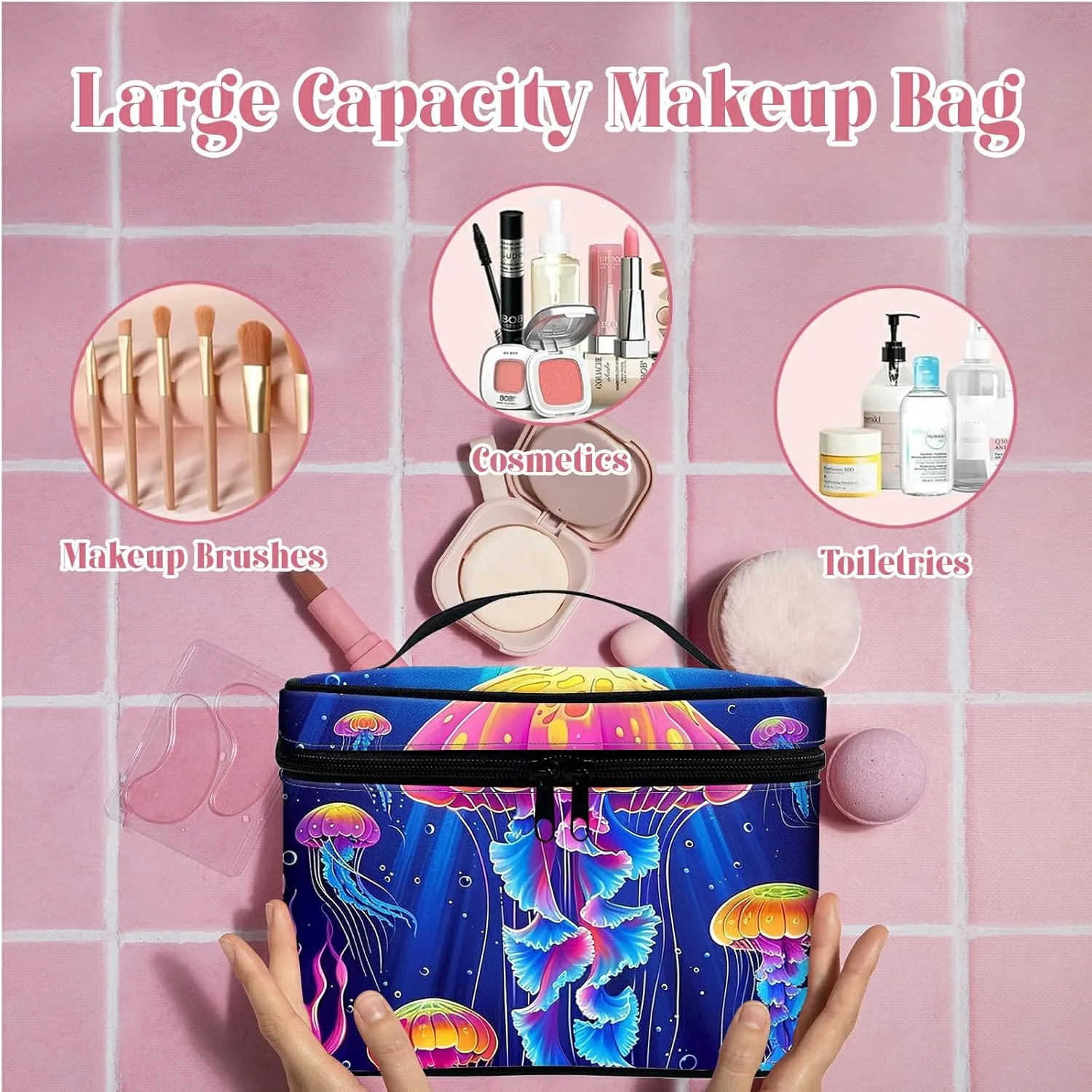Large Capacity Makeup Bag with Brush Slot, Neon Jellyfish Travel Portable Cosmetic Bag with Handle and Zipper, Women's Toiletry Storage Pouch Washable Waterproof Makeup Organizer Bag