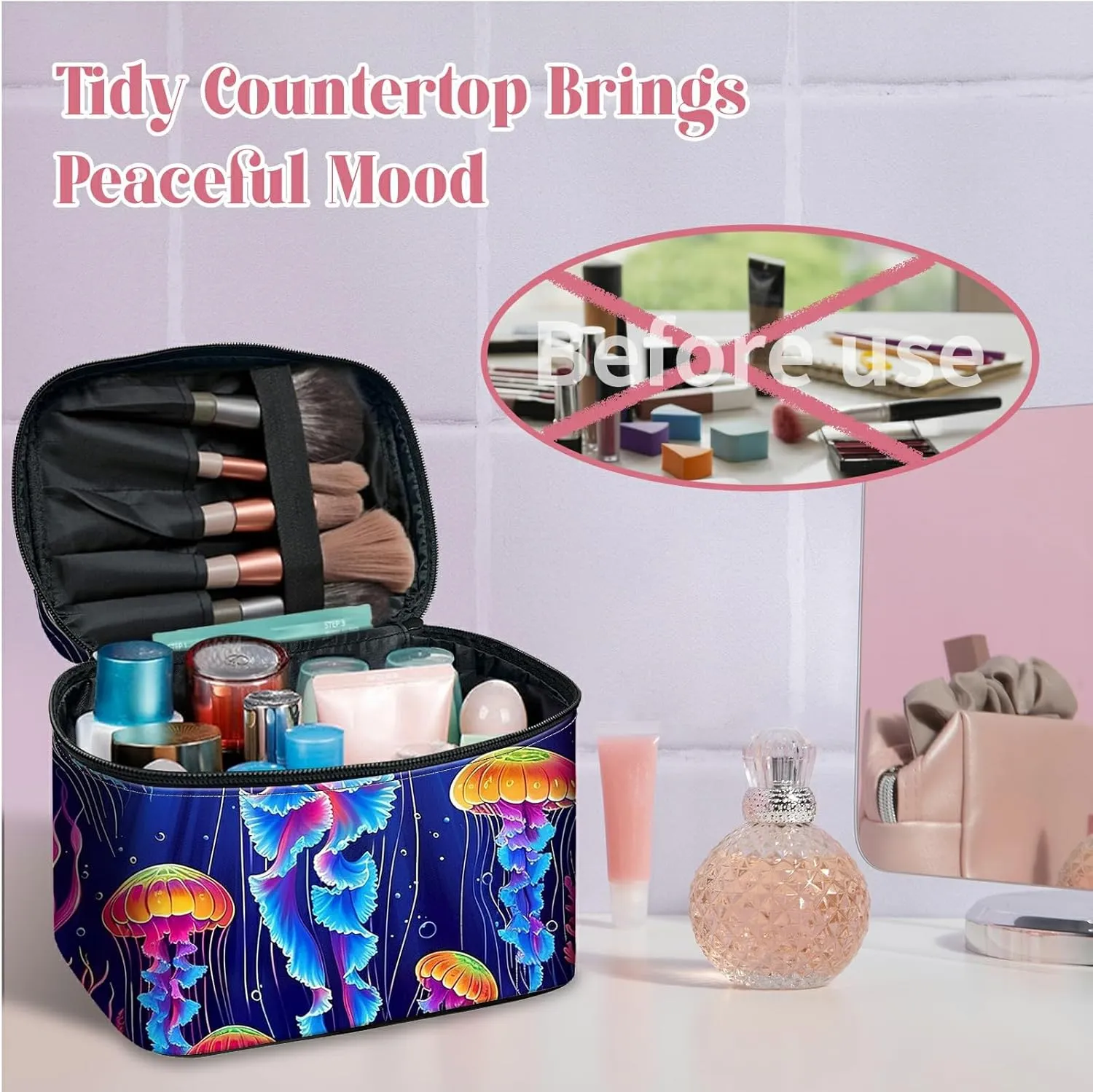 Large Capacity Makeup Bag with Brush Slot, Neon Jellyfish Travel Portable Cosmetic Bag with Handle and Zipper, Women's Toiletry Storage Pouch Washable Waterproof Makeup Organizer Bag