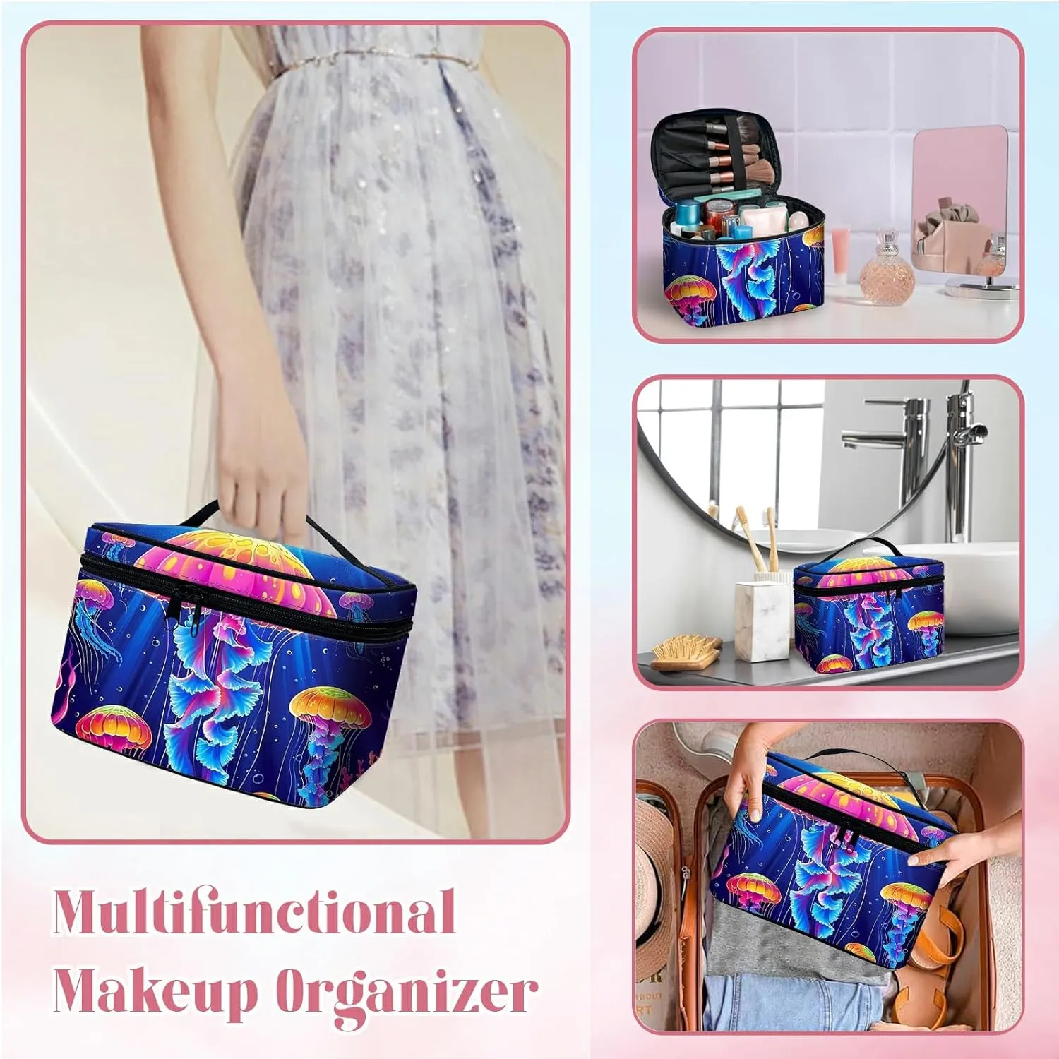 Large Capacity Makeup Bag with Brush Slot, Neon Jellyfish Travel Portable Cosmetic Bag with Handle and Zipper, Women's Toiletry Storage Pouch Washable Waterproof Makeup Organizer Bag