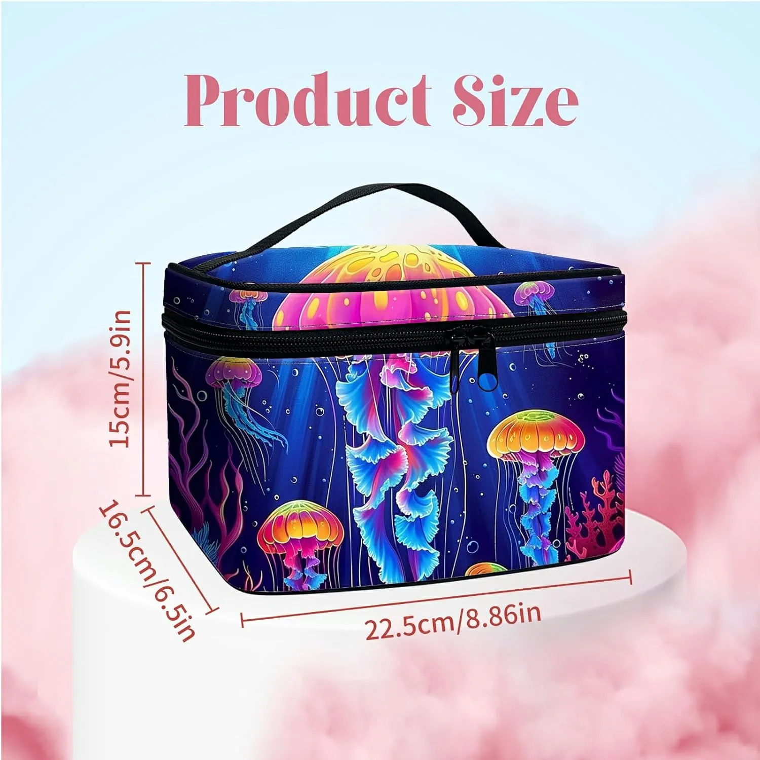Large Capacity Makeup Bag with Brush Slot, Neon Jellyfish Travel Portable Cosmetic Bag with Handle and Zipper, Women's Toiletry Storage Pouch Washable Waterproof Makeup Organizer Bag