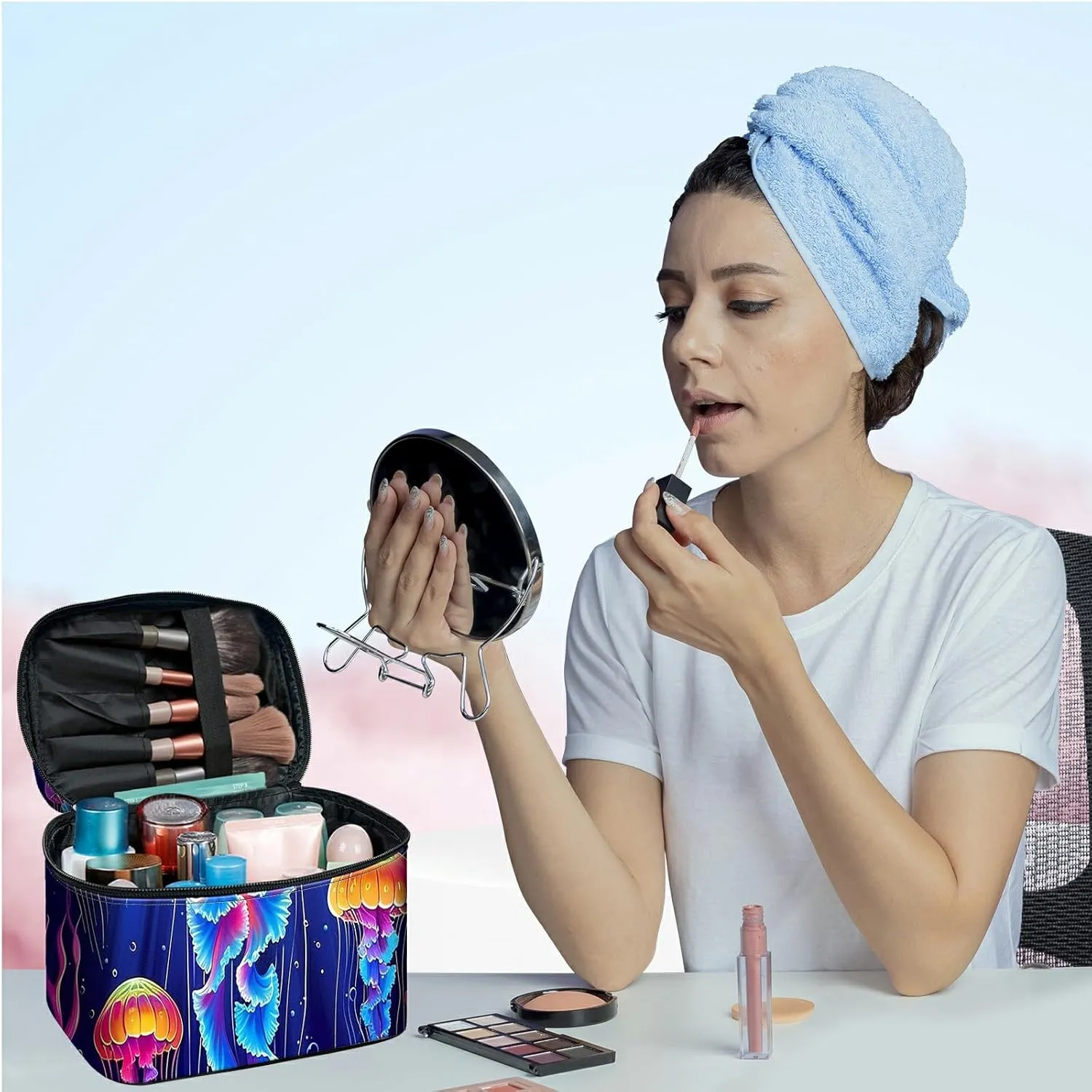 Large Capacity Makeup Bag with Brush Slot, Neon Jellyfish Travel Portable Cosmetic Bag with Handle and Zipper, Women's Toiletry Storage Pouch Washable Waterproof Makeup Organizer Bag