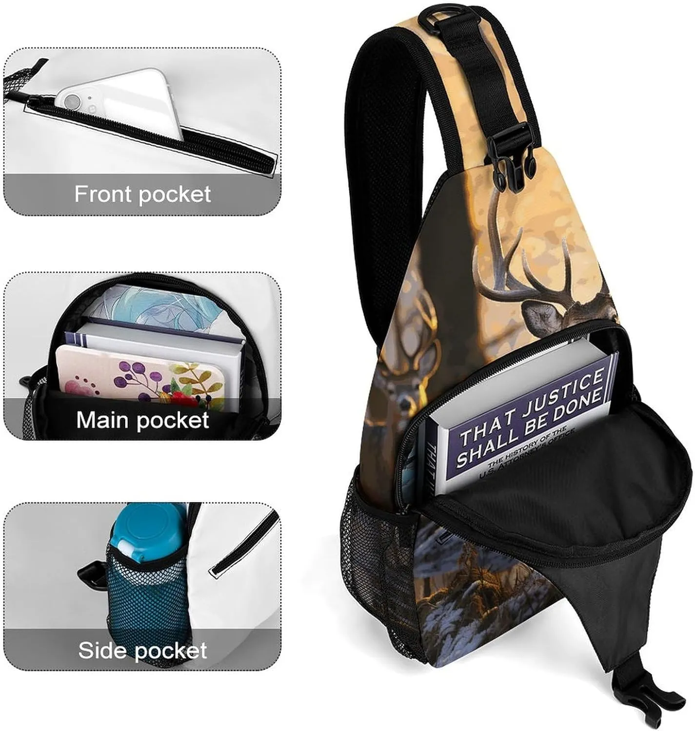 Lightweight Chest Bag Crossbody Bag Deers Picture Sling Backpack for Women Men Sports Travel