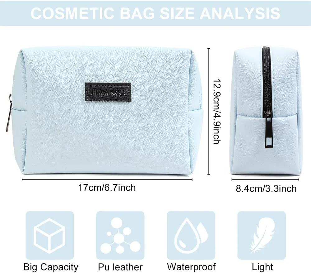 MAANGE Small Makeup Bag For Purse, Travel Cosmetic Bag Makeup Pouch PU Leather Portable Versatile Zipper Pouch For Women (Blue)
