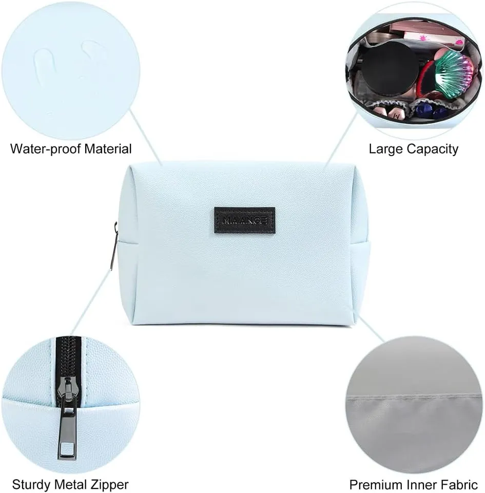 MAANGE Small Makeup Bag For Purse, Travel Cosmetic Bag Makeup Pouch PU Leather Portable Versatile Zipper Pouch For Women (Blue)