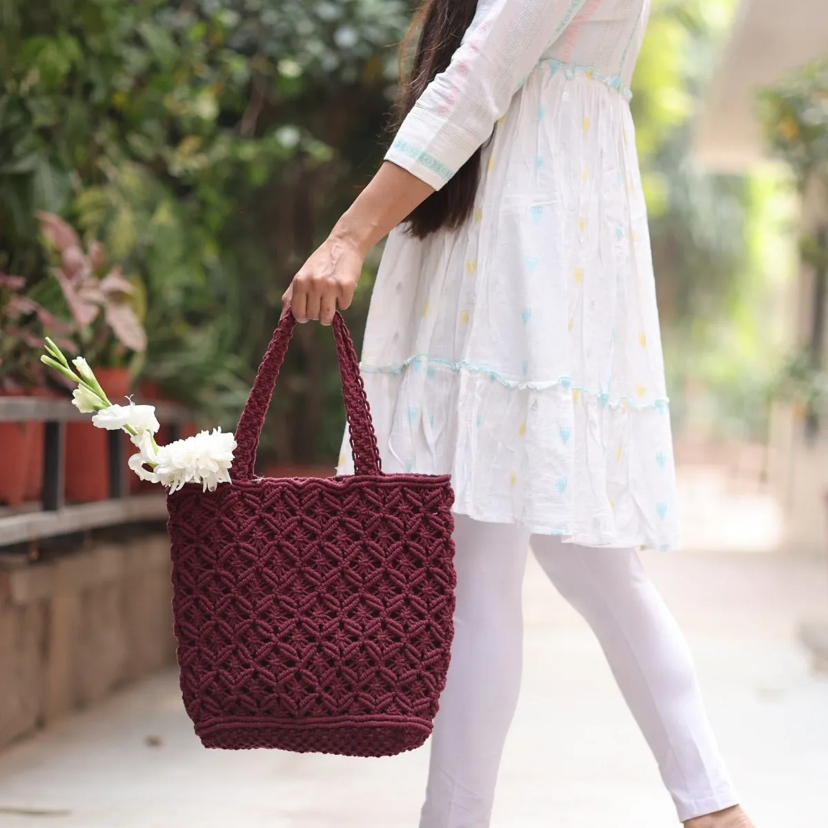 Maroon Macrame Tote Bag