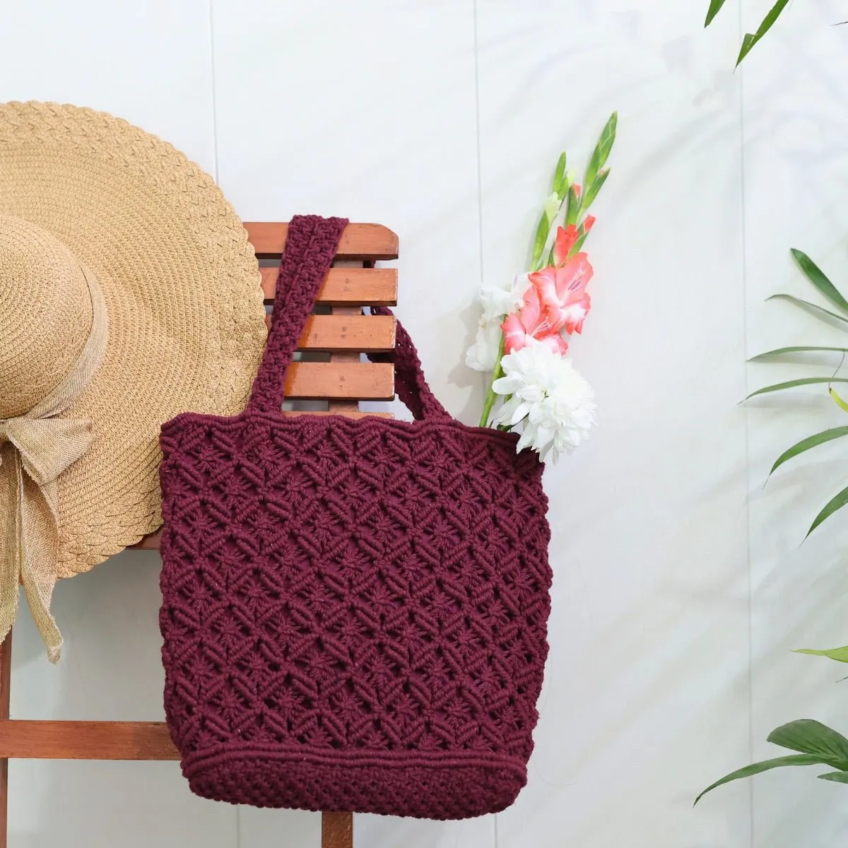 Maroon Macrame Tote Bag