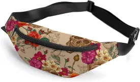 Mexican Sugar Skull Flowers Waterproof Fanny Pack Belt Bag Crossbody Waist Bags Travel Essentials for Sports Workout