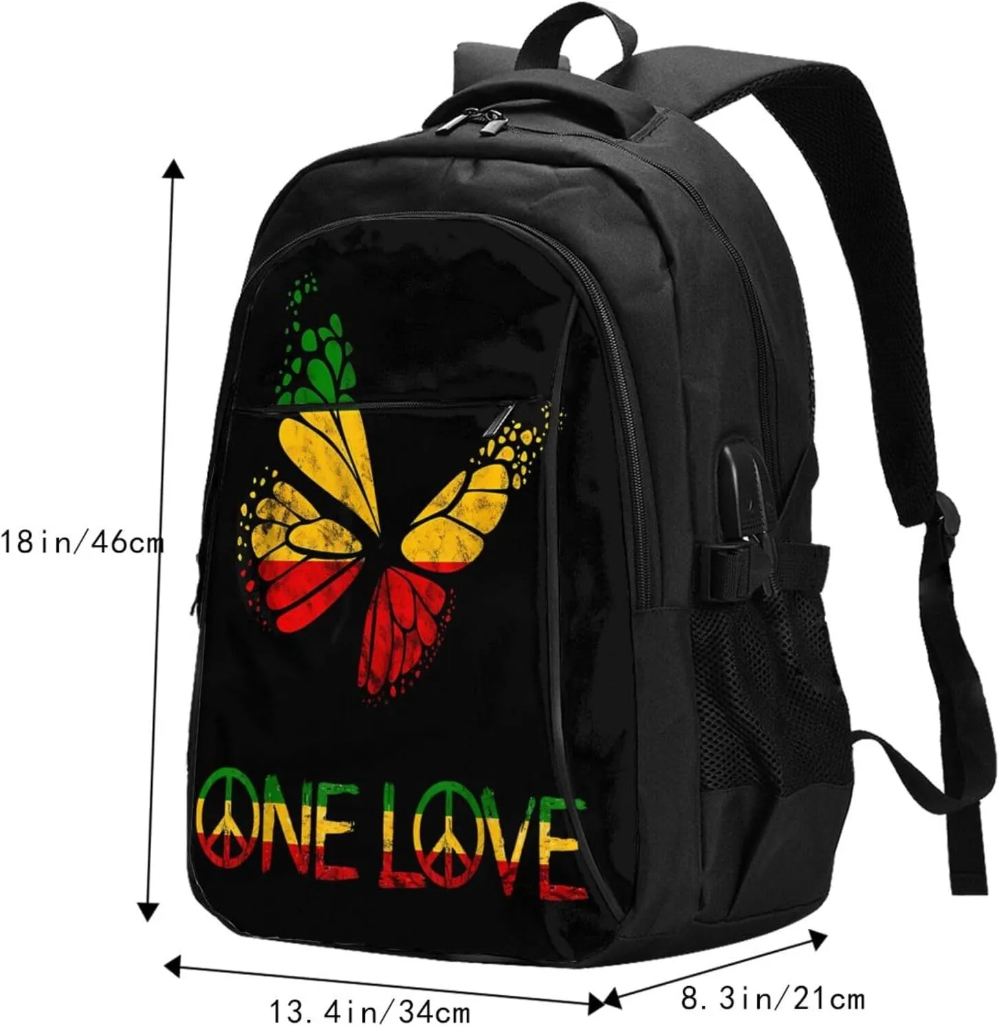One Loves Butterfly Rasta Reggae Peace Rastafari Roots Travel Backpack Laptop Backpacks Business Rucksack Outdoor Daypack Large Sport Bag with Luggage Strap USB Charging Port for Hiking