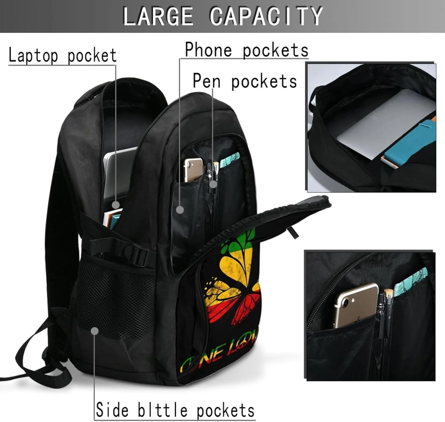 One Loves Butterfly Rasta Reggae Peace Rastafari Roots Travel Backpack Laptop Backpacks Business Rucksack Outdoor Daypack Large Sport Bag with Luggage Strap USB Charging Port for Hiking