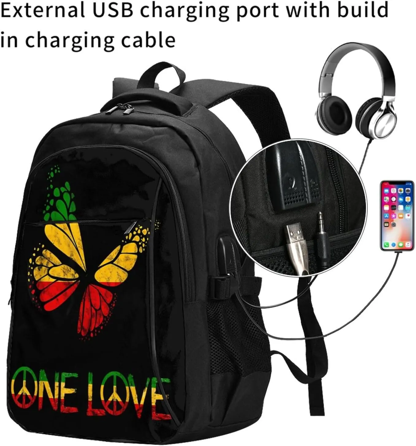 One Loves Butterfly Rasta Reggae Peace Rastafari Roots Travel Backpack Laptop Backpacks Business Rucksack Outdoor Daypack Large Sport Bag with Luggage Strap USB Charging Port for Hiking