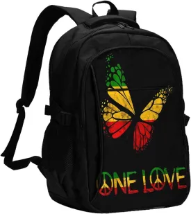 One Loves Butterfly Rasta Reggae Peace Rastafari Roots Travel Backpack Laptop Backpacks Business Rucksack Outdoor Daypack Large Sport Bag with Luggage Strap USB Charging Port for Hiking