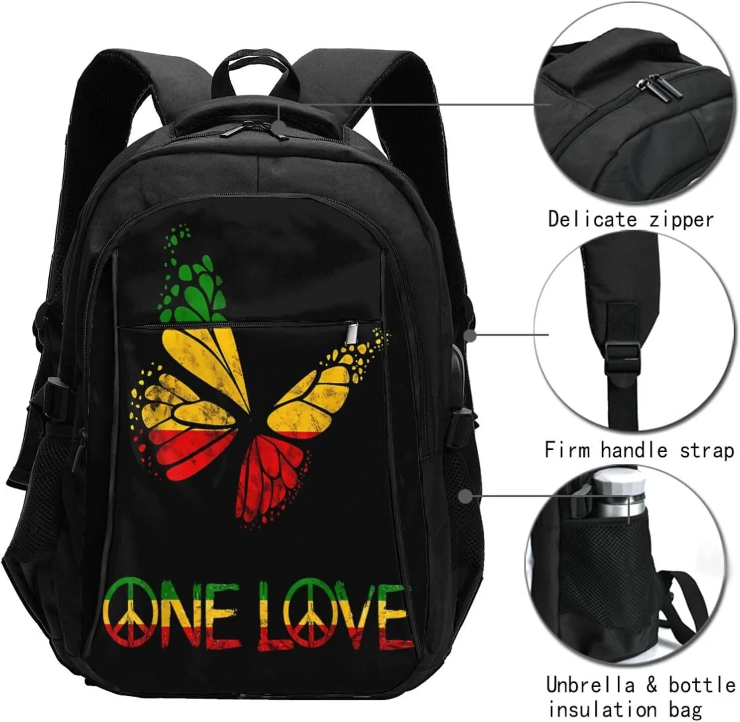 One Loves Butterfly Rasta Reggae Peace Rastafari Roots Travel Backpack Laptop Backpacks Business Rucksack Outdoor Daypack Large Sport Bag with Luggage Strap USB Charging Port for Hiking