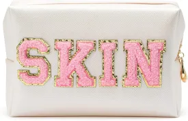 SKIN Varsity Letter Cosmetic Bag Toiletry Bag PU Leather Portable Makeup Bag Zipper Pouch Storage Purse Waterproof Organizer Gift for Women Daily Travel Use White