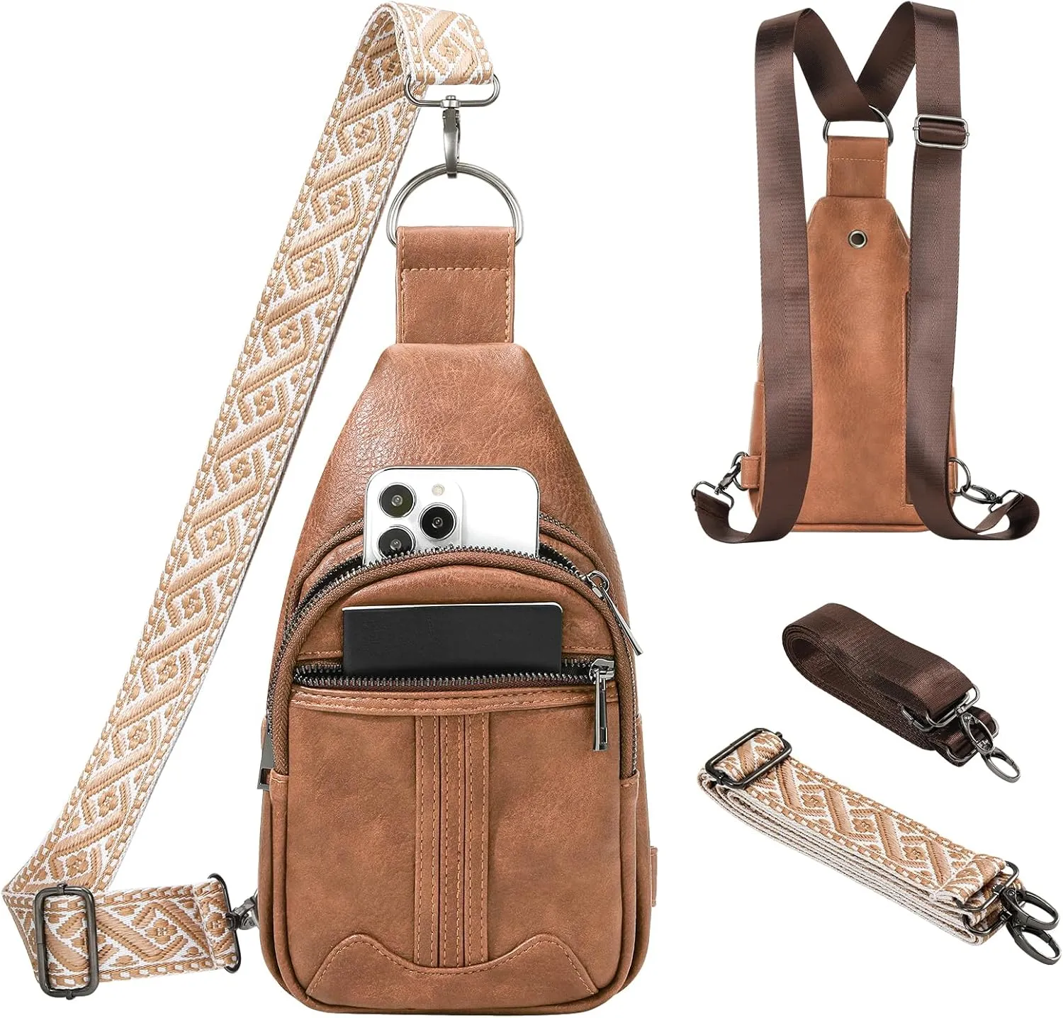 Sling Bag for Women Leather Crossbody Bags Tote Blet Bags Backpack Fanny Pack Chest Bag for Travel, Brown